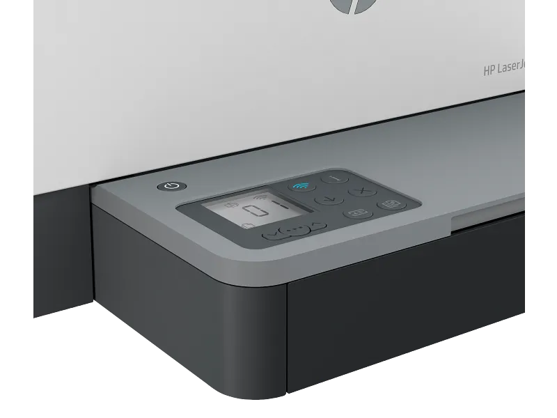 Close-up of the control panel and LED display on the HP LaserJet Tank MFP 2606sdw wireless monochrome laser printer.