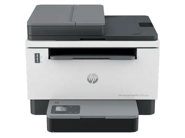 HP LaserJet Tank MFP 2606sdw monochrome laser printer with scanner, automatic document feeder, and front control panel.