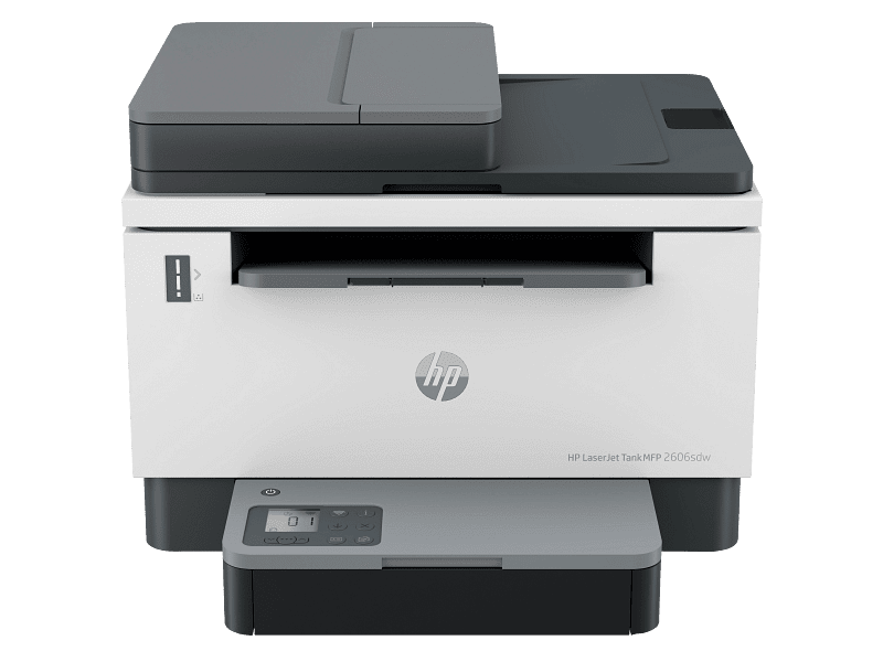 HP LaserJet Tank MFP 2606sdw | YourShoppy.com HP LaserJet Tank MFP 2606sdw monochrome laser printer with scanner, automatic document feeder, and front control panel.