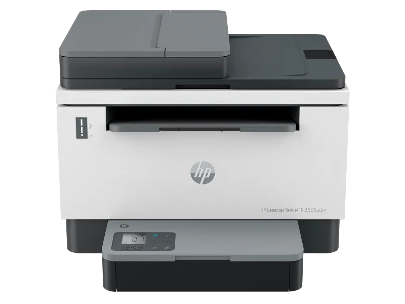 HP LaserJet Tank MFP 2606sdw monochrome laser printer with scanner, automatic document feeder, and front control panel.