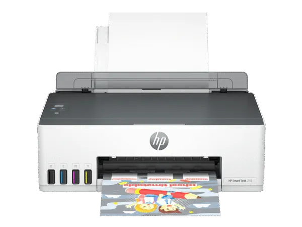 HP Smart Tank 210 Wireless Colour Printer with visible ink tanks and a printed school timetable page at YourShoppy.com.