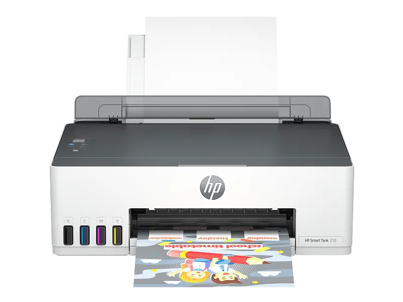 HP Smart Tank 210 Wireless Colour Printer with visible ink tanks and a printed school timetable page at YourShoppy.com.