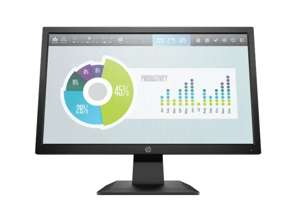 HP P204v 19.5-inch monitor featuring a black frame and stand displaying a productivity chart on the screen at YourShoppy.com.