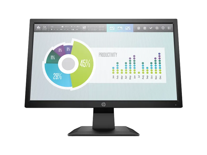 HP P204v 19.5-inch monitor featuring a black frame and stand displaying a productivity chart on the screen at YourShoppy.com.