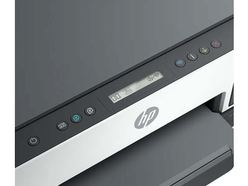 Close-up of the HP Smart Tank 720 control panel featuring a digital display, Wi-Fi status, and function buttons at YourShoppy