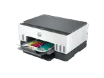HP Smart Tank 670 All-in-One Wireless Color Inkjet Printer with visible ink tanks and a printed document at YourShoppy.com.