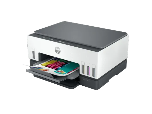 HP Smart Tank 670 All-in-One Wireless Color Inkjet Printer with visible ink tanks and a printed document at YourShoppy.com.