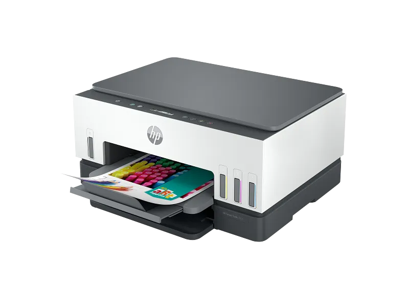 HP Smart Tank 670 All-in-One Wireless Color Inkjet Printer with visible ink tanks and a printed document at YourShoppy.com.