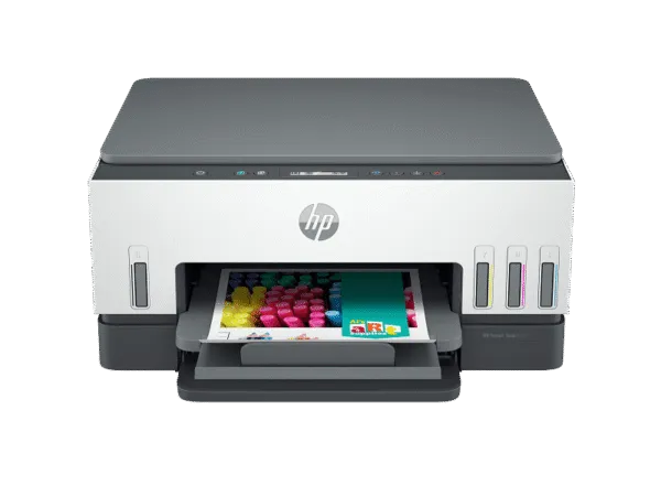 HP Smart Tank 670 All-in-One wireless color inkjet printer with visible ink tanks and a printed document at YourShoppy.com.