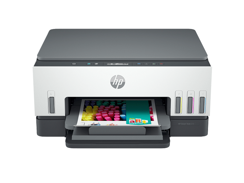 HP Smart Tank 670 All-in-One Wireless Color Printer | YourShoppy.com HP Smart Tank 670 All-in-One wireless color inkjet printer with visible ink tanks and a printed document at YourShoppy.com.