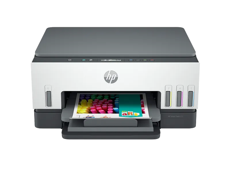 HP Smart Tank 670 All-in-One wireless color inkjet printer with visible ink tanks and a printed document at YourShoppy.com.