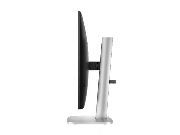 Side profile view of the black HP Series 5 Pro 527pu 27-inch QHD IPS monitor mounted on a silver adjustable stand.