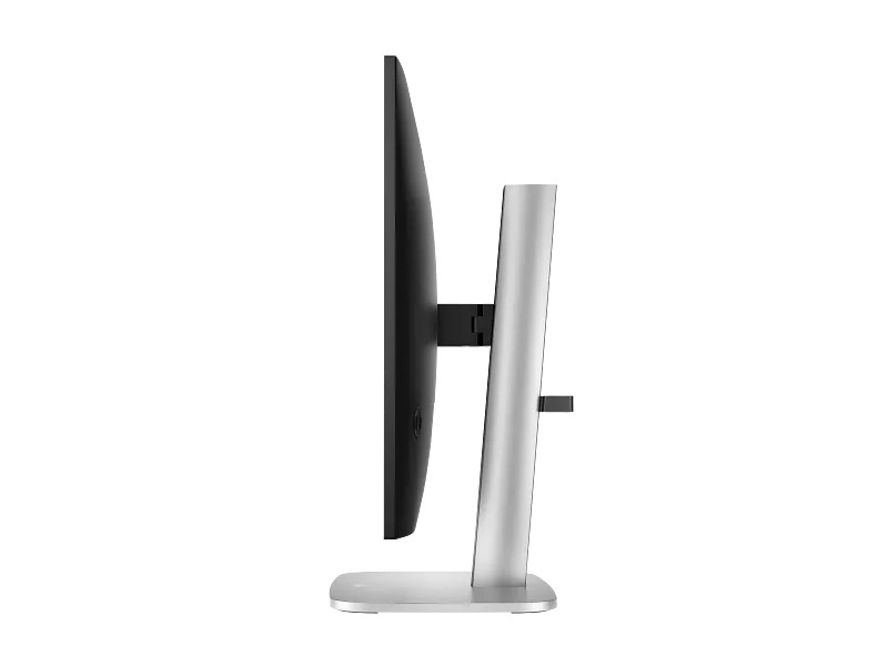 Side profile view of the black HP Series 5 Pro 527pu 27-inch QHD IPS monitor mounted on a silver adjustable stand.