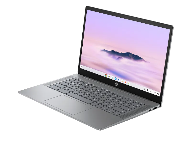HP Chromebook 14a-nf0017TU laptop featuring a 14-inch display, silver chassis, and ChromeOS, available at YourShoppy.com.