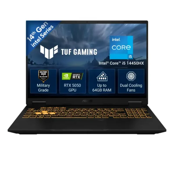 Asus TUF Gaming F16 FX610JH-TU080WS laptop featuring an Intel Core i5-14450HX processor and RTX 5050 GPU at YourShoppy.com.