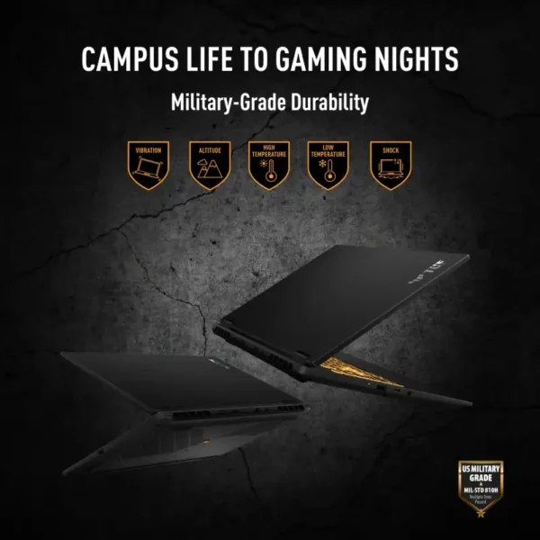 Two Asus TUF Gaming F16 FX610JH-TU080WS laptops displayed against a dark background highlighting military-grade durability.
