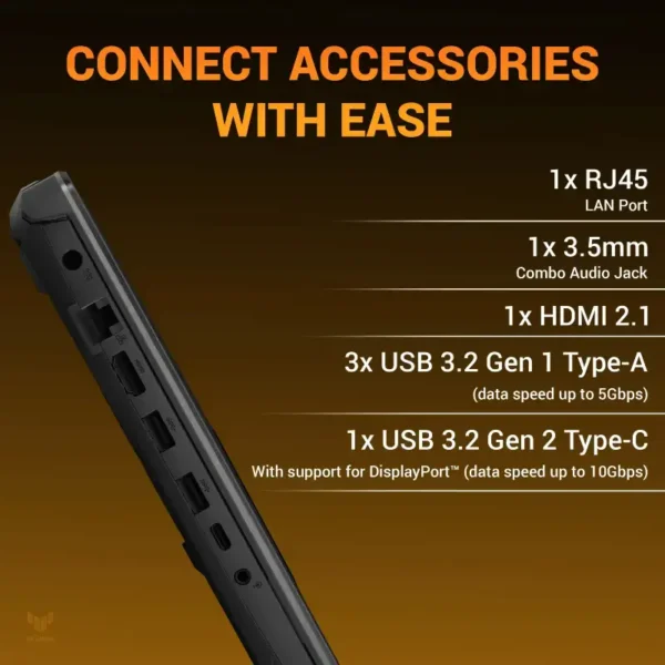 Side view of Asus TUF Gaming A15 FA506NCQ-IN081WS showing RJ45, HDMI 2.1, USB Type-A, and USB Type-C ports at YourShoppy.com.