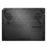 Bottom view of the ASUS TUF Gaming F16 FX688JHI-TU364WS laptop featuring a textured Jaeger Gray chassis and cooling vents.