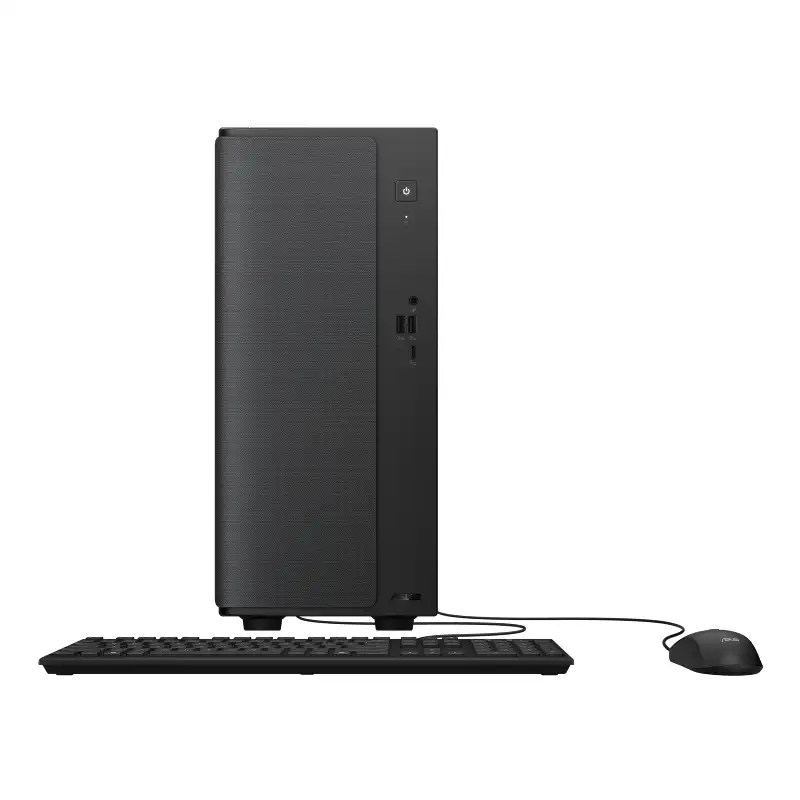 Asus V500 Mini Tower VM501MH-0R7260027WS | YourShoppy.com Asus V500 Mini Tower VM501MH-0R7260027WS desktop PC with a black chassis, wired keyboard, and mouse from YourShoppy.com.