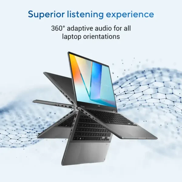 Asus Vivobook 14 Flip TP3407AA-SG052WS 2-in-1 laptop in Matte Gray showing 360-degree hinge flexibility at YourShoppy.com.