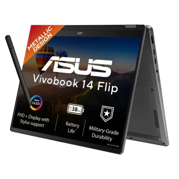 ASUS Vivobook 14 Flip TP3407AA-SG123WS 2-in-1 laptop in matte gray with OLED touchscreen and stylus at YourShoppy.com.
