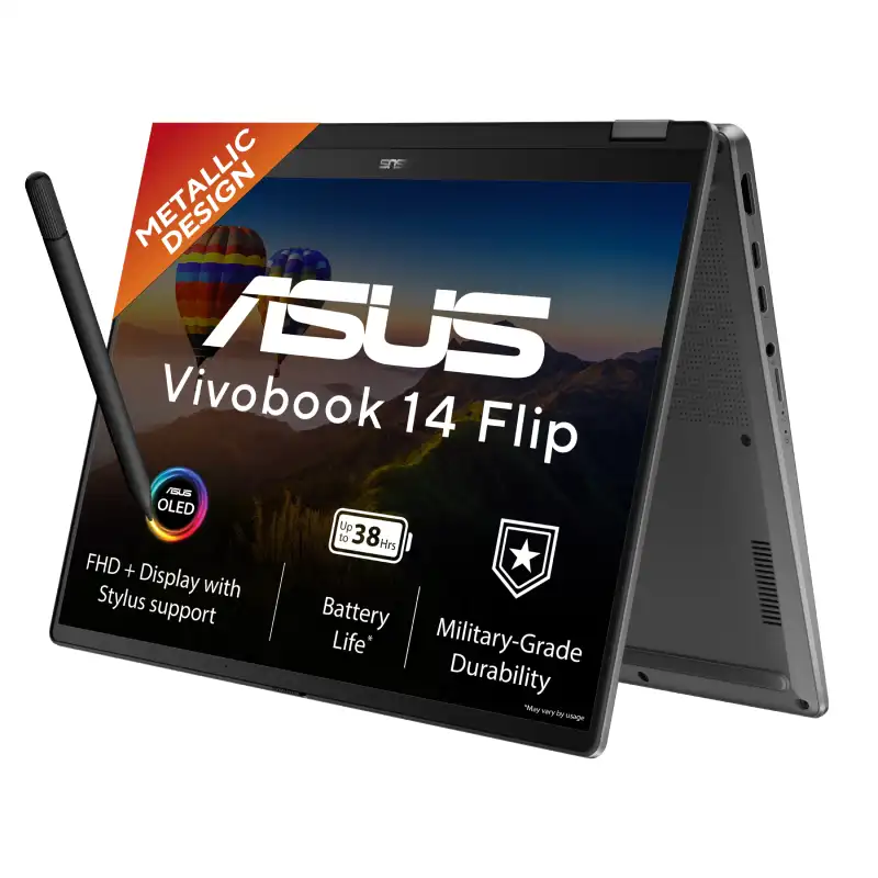ASUS Vivobook 14 Flip TP3407AA-SG123WS | YourShoppy.com ASUS Vivobook 14 Flip TP3407AA-SG123WS 2-in-1 laptop in matte gray with OLED touchscreen and stylus at YourShoppy.com.