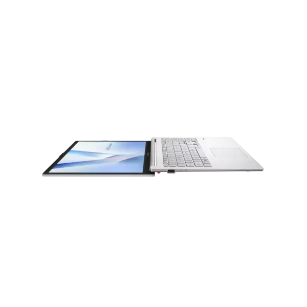 ASUS Vivobook Go 15 E1504FA-IN5293WS laptop in cool silver shown in a 180-degree lay-flat hinge position at YourShoppy.com.