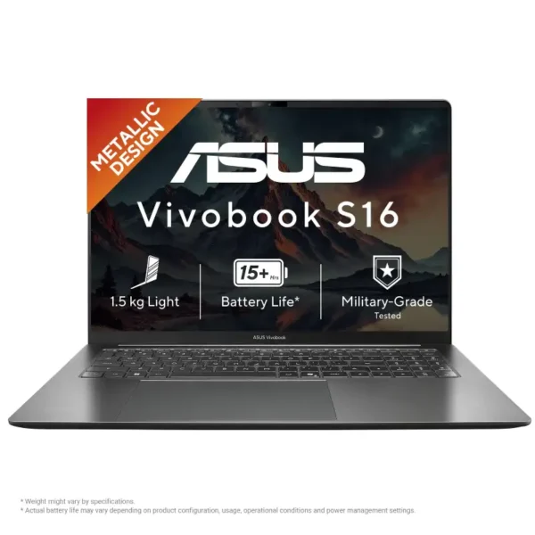 Asus Vivobook S16 S5652MA-TK191WS laptop in matte gray with a 16-inch display, metallic design, and lightweight build.