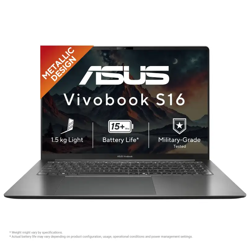 ASUS Vivobook S16 S5652MA-TK191WS | YourShoppy.com Asus Vivobook S16 S5652MA-TK191WS laptop in matte gray with a 16-inch display, metallic design, and lightweight build.