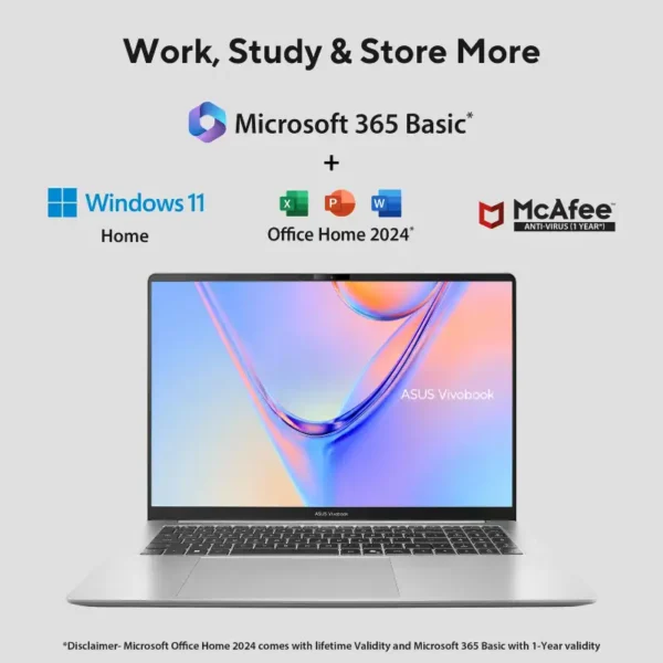ASUS Vivobook S16 S5652MA-TK192WS laptop with Windows 11, Office Home 2024, and McAfee software icons at YourShoppy.com.