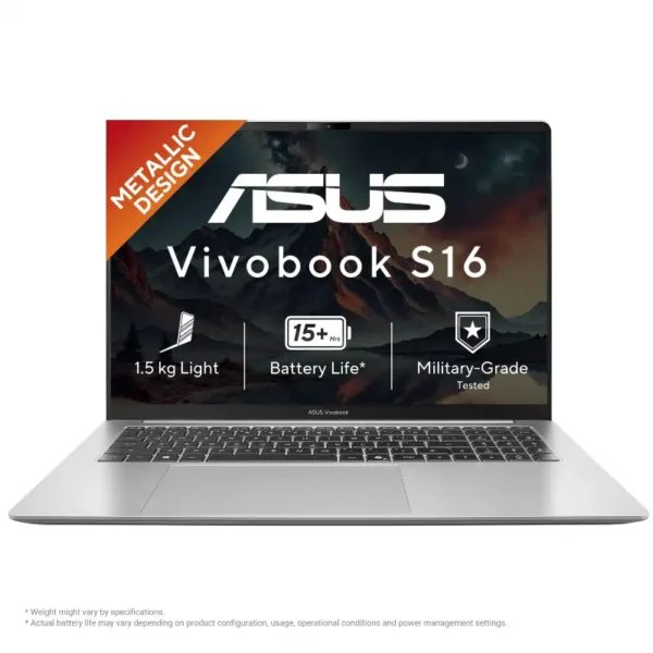 ASUS Vivobook S16 S5652MA-TK192WS silver laptop with a 16-inch display, metallic design, and military-grade durability.
