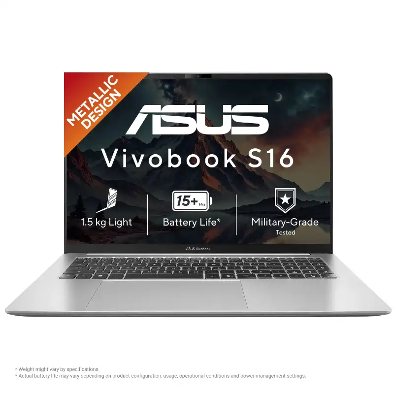 ASUS Vivobook S16 S5652MA-TK192WS | YourShoppy.com ASUS Vivobook S16 S5652MA-TK192WS silver laptop with a 16-inch display, metallic design, and military-grade durability.