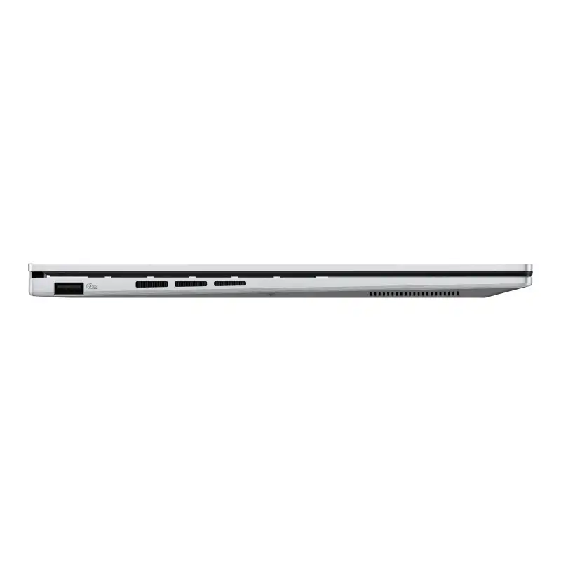 Side profile view of the Foggy Silver Asus Zenbook 14 OLED UX3405CA-QL1507WS laptop showing its slim design at YourShoppy.com
