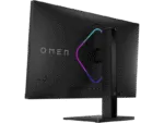 Rear view of the black HP OMEN 27qs QHD 280Hz gaming monitor featuring an RGB-lit diamond accent on the stand mount.