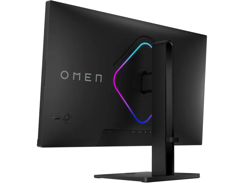 Rear view of the black HP OMEN 27qs QHD 280Hz gaming monitor featuring an RGB-lit diamond accent on the stand mount.