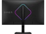 Rear view of black HP OMEN 27qs QHD 280Hz gaming monitor featuring an adjustable stand and integrated RGB lighting.