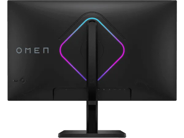 Rear view of black HP OMEN 27qs QHD 280Hz gaming monitor featuring an adjustable stand and integrated RGB lighting.