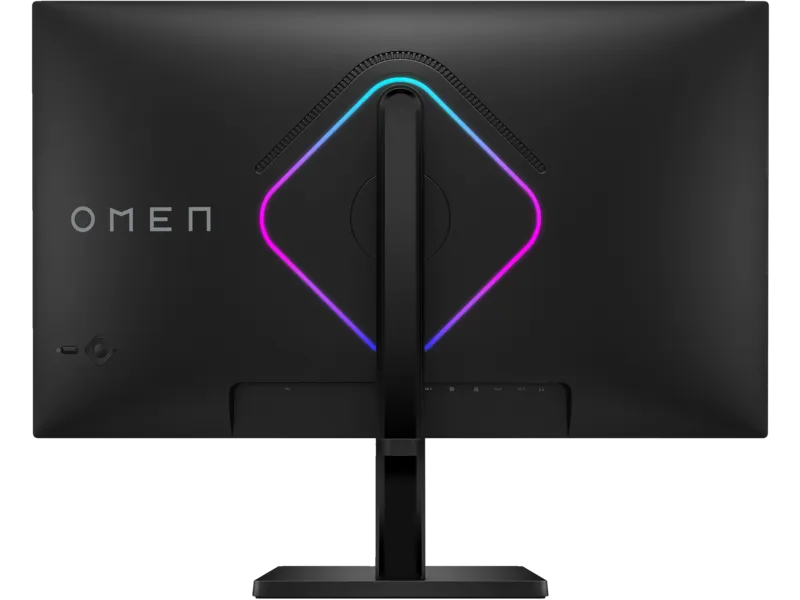 Rear view of black HP OMEN 27qs QHD 280Hz gaming monitor featuring an adjustable stand and integrated RGB lighting.