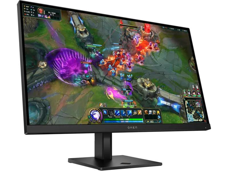 HP OMEN 27qs QHD 280Hz gaming monitor with 27-inch IPS display showing a League of Legends match at YourShoppy.com.