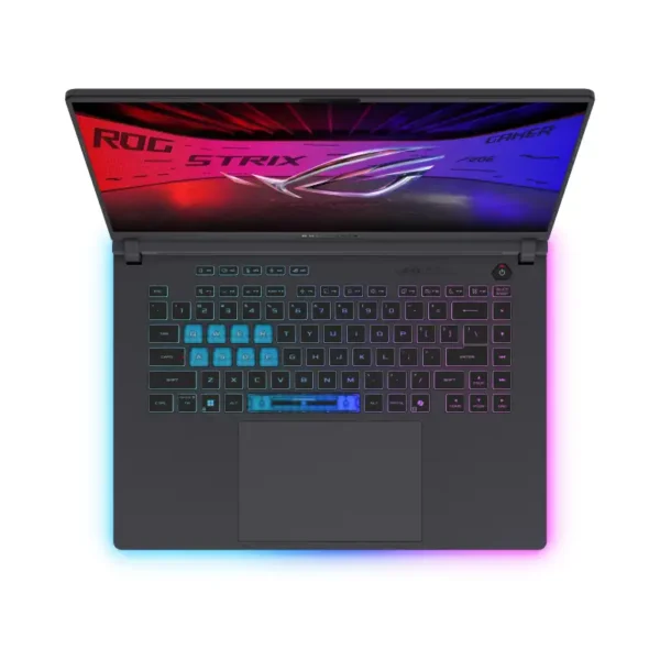 Asus ROG Strix G16 G615LW-TS356WS gaming laptop in Eclipse Gray with RGB backlit keyboard, viewed from above at YourShoppy.co
