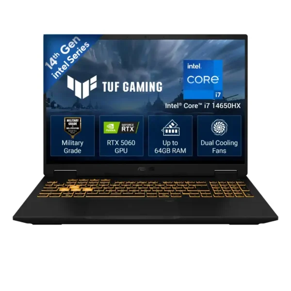 Asus TUF Gaming F16 FX610JM-TU105WS laptop with 16-inch display, Intel Core i7-14650HX, and RTX 5060 GPU at YourShoppy.com.