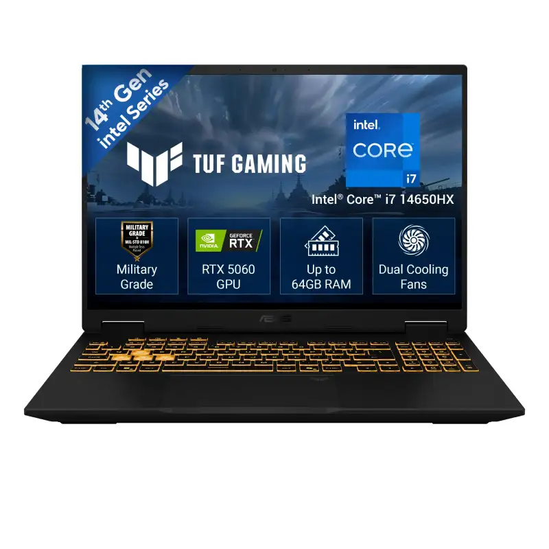 Asus TUF Gaming F16 FX610JM-TU105WS laptop with 16-inch display, Intel Core i7-14650HX, and RTX 5060 GPU at YourShoppy.com.