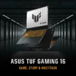 Asus TUF Gaming F16 FX610JM-TU105WS laptop with backlit keyboard floating in a dark corridor, available at YourShoppy.com.