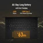 Asus TUF Gaming F16 FX610JM-TU105WS laptop keyboard showing 63Wh battery capacity and 100W Type-C fast charging features.
