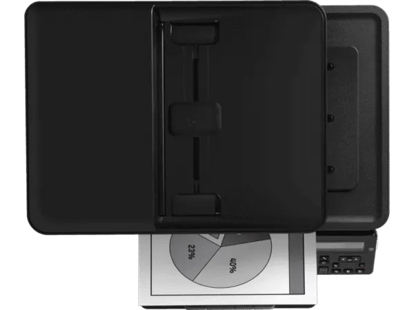 Top-down view of HP LaserJet Pro MFP M128fn monochrome laser printer with document feeder and paper output tray at YourShoppy