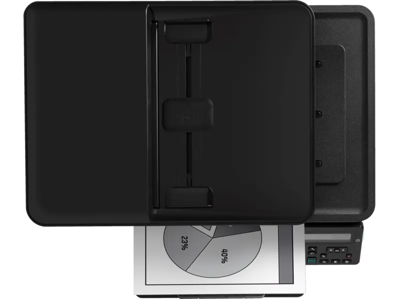 Top-down view of HP LaserJet Pro MFP M128fn monochrome laser printer with document feeder and paper output tray at YourShoppy