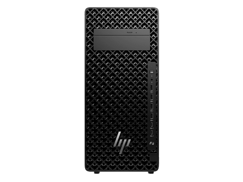 HP Z2 Tower G1i Workstation D53JGPA | YourShoppy.com Front view of the black HP Z2 Tower G1i Workstation D53JGPA desktop PC featuring a mesh front panel and vertical port array.