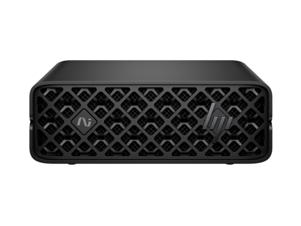Black HP ZGX Nano G1n AI Station D8ZJ9PT mini desktop featuring a front-facing geometric grille design at YourShoppy.com.