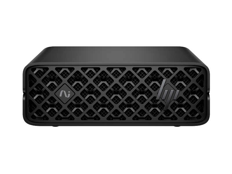 Black HP ZGX Nano G1n AI Station D8ZJ9PT mini desktop featuring a front-facing geometric grille design at YourShoppy.com.