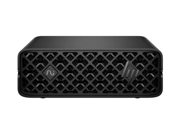 HP ZGX Nano G1n AI Station D8ZK1PT black mini desktop computer with front grille and HP branding at YourShoppy.com.